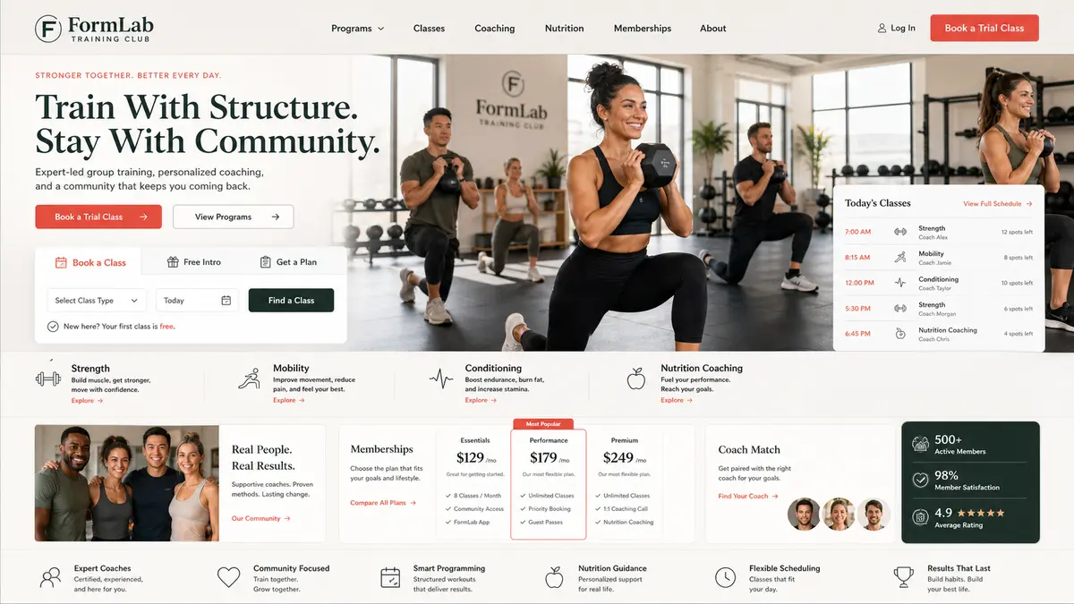 Alternate website direction mockup for a fitness training business