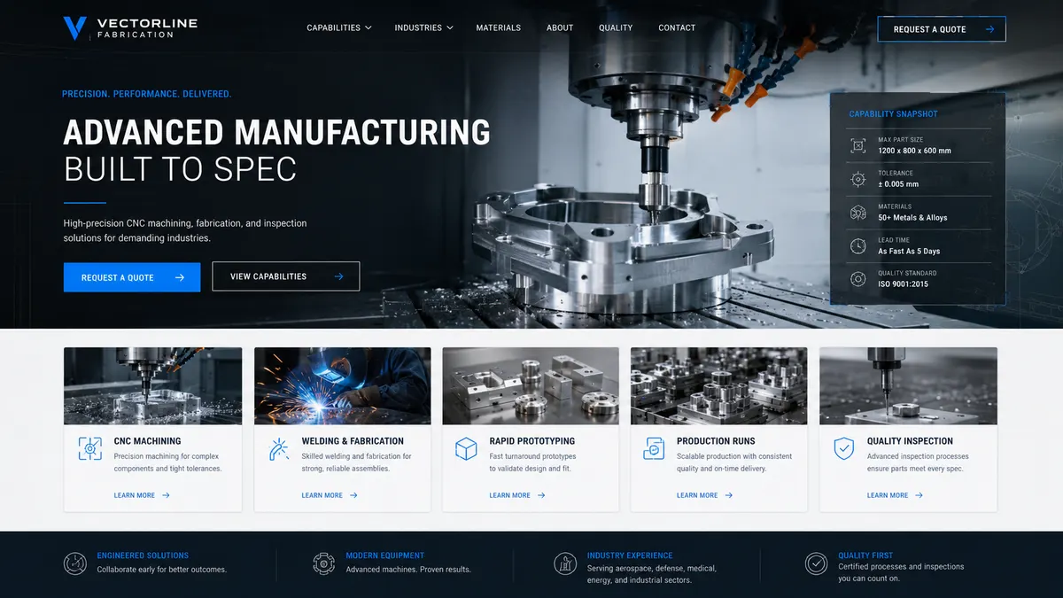 Website direction mockup for a manufacturing business
