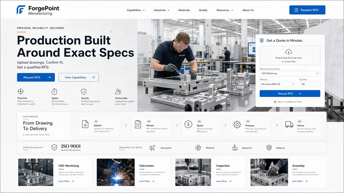 Alternate website direction mockup for a manufacturing business