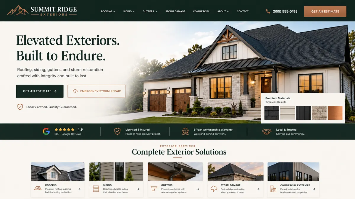 Website direction mockup for a roofing company